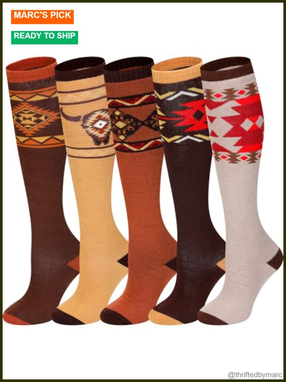 5 Pairs Women's Knee High Boot Socks Acrylic Wool Blend Aztec Western